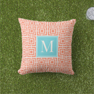 Preppy-Viergitter-Monogramm - Koralle & Türkis Kissen