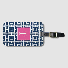 Preppy-Viergitter-Monogramm – Marineblau & Hot Pin Gepäckanhänger