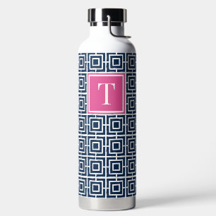 Preppy-Viergitter-Monogramm – Marineblau & Hot Pin Trinkflasche