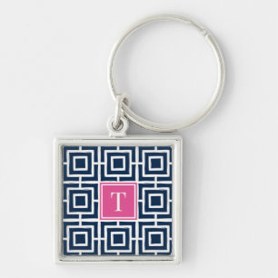 Preppy-Viergitter-Monogramm - Navy & Hot Pink Schlüsselanhänger