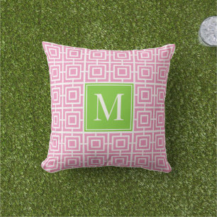 Preppy-Viergitter-Monogramm – Rosa & Limette Kissen
