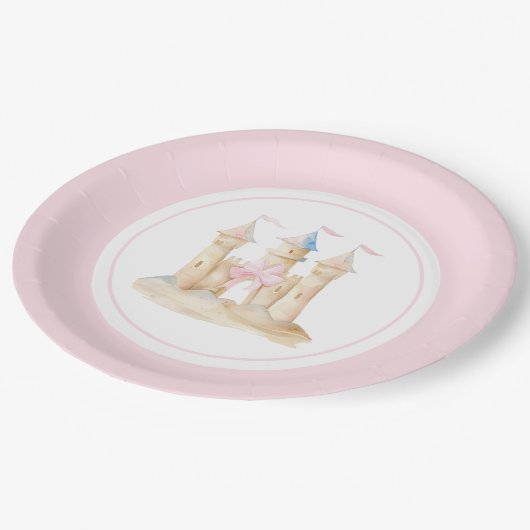 Preppy Watercolor Beach Sand Castle Party Pappteller (Schrägansicht)