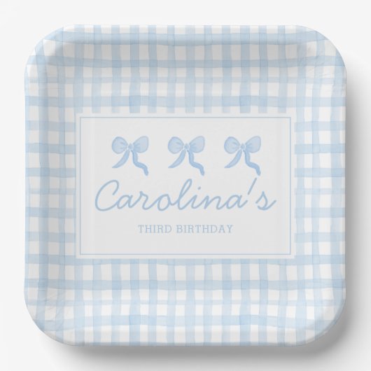 Preppy Watercolor Blue Gingham Personalisiert Pappteller (Vorderseite)