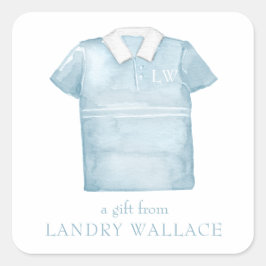 Preppy Watercolor Blue Monogram Golf Polo Shirt Quadratischer Aufkleber