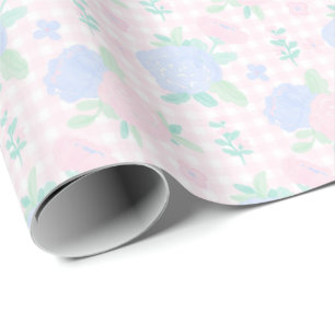 Preppy Watercolor Floral Gingham Birthday Geschenkpapier