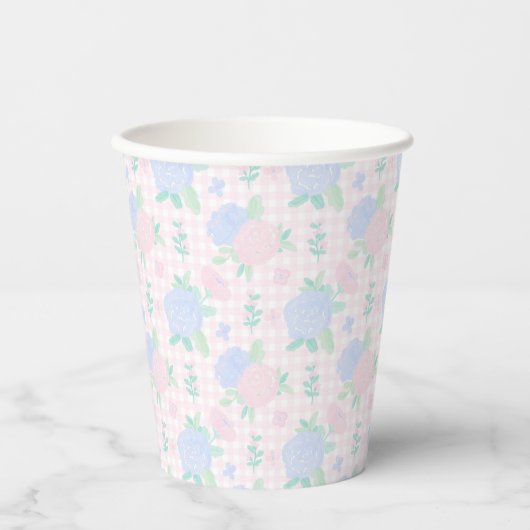 Preppy Watercolor Floral Gingham Birthday Pappbecher (Vorderseite)