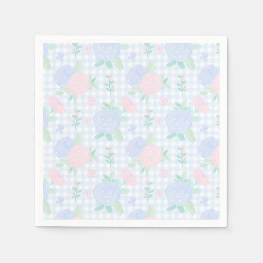 Preppy Watercolor Floral Gingham Birthday Serviette (Vorderseite)