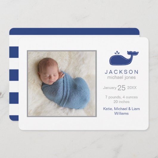 Preppy Whale Foto Geburtsankündigung, Baby Boy Ankündigung (Vorne/Hinten)