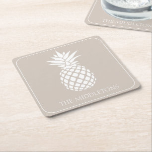 Preppy White Pineape auf Beige Rechteckiger Pappuntersetzer