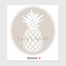 Preppy White Pineapple on Beige Personalized Aufkleber