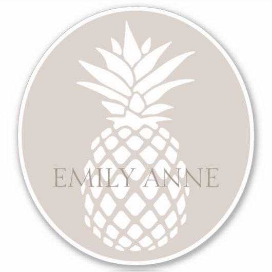 Preppy White Pineapple on Beige Personalized Aufkleber (Vorderseite)