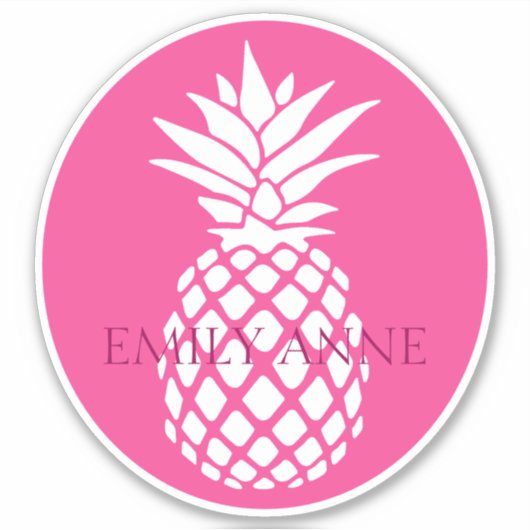 Preppy White Pineapple on Pink Personalized Aufkleber (Vorderseite)