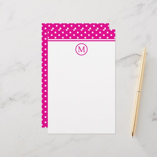 Preppy White Polka Dots auf hellrosa Monogramm Briefpapier (Vorderseite/Rückseite Beispiel)