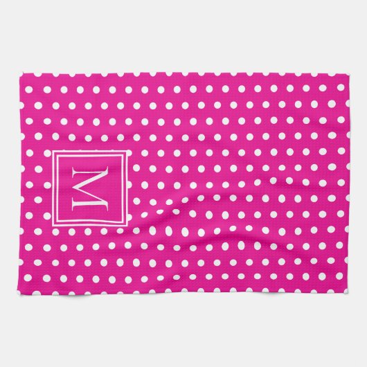 Preppy White Polka Dots auf hellrosa Monogramm Geschirrtuch (Horizontal)