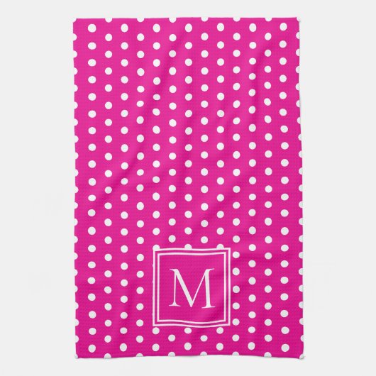 Preppy White Polka Dots auf hellrosa Monogramm Geschirrtuch (Vertikal)