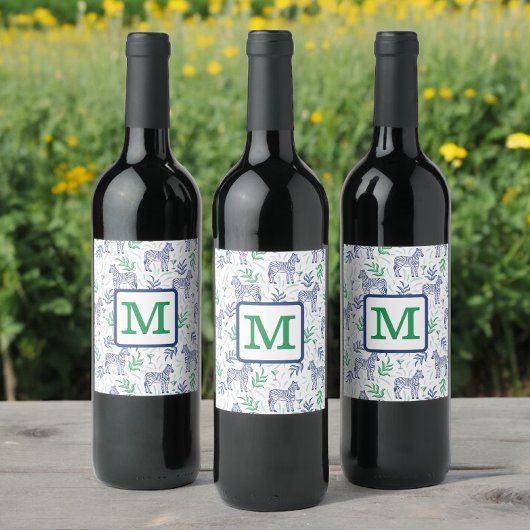 Preppy White Zebra Martinis Green Monogram Weinetikett