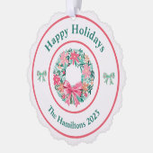 Preppy Wreath Bows Weihnachts Foto Ornament Card (Links)