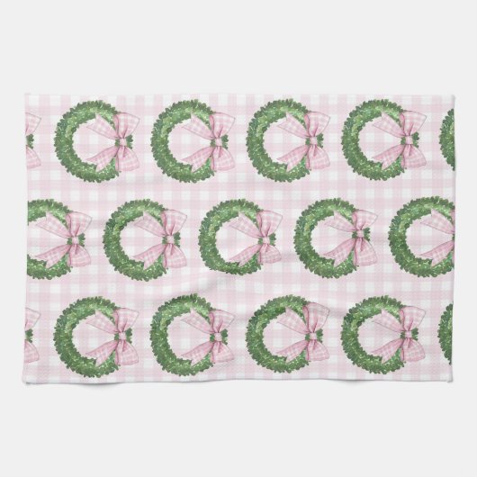 Preppy Wreath mit Pink Gingham Bow Geschirrtuch (Horizontal)
