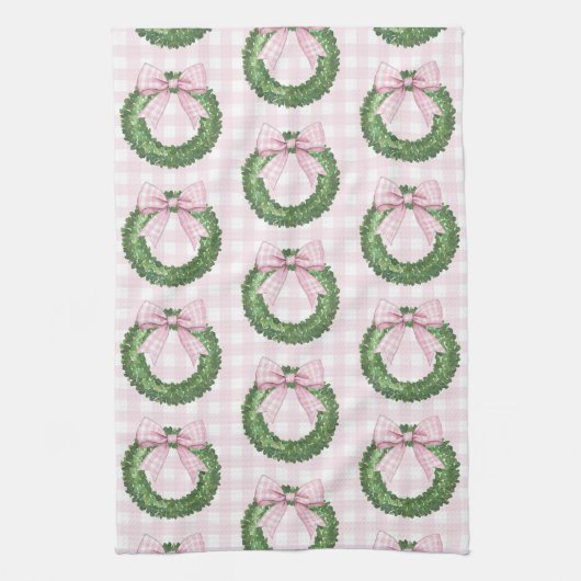 Preppy Wreath mit Pink Gingham Bow Geschirrtuch (Vertikal)