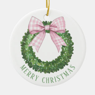 Preppy Wreath mit Pink Gingham Bow Keramik Ornament