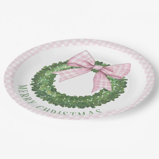 Preppy Wreath mit Pink Gingham Bow Pappteller (Schrägansicht)