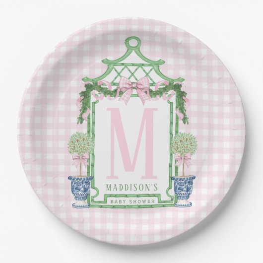 Preppy Wreath mit Pink Gingham Bow Pappteller (Vorderseite)