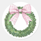 Preppy Wreath mit Pink Gingham Bow Runder Aufkleber (Vorderseite)