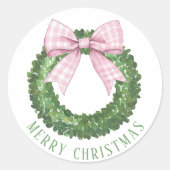 Preppy Wreath mit Pink Gingham Bow Runder Aufkleber (Vorderseite)
