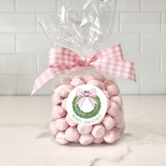 Preppy Wreath mit Pink Gingham Bow Runder Aufkleber