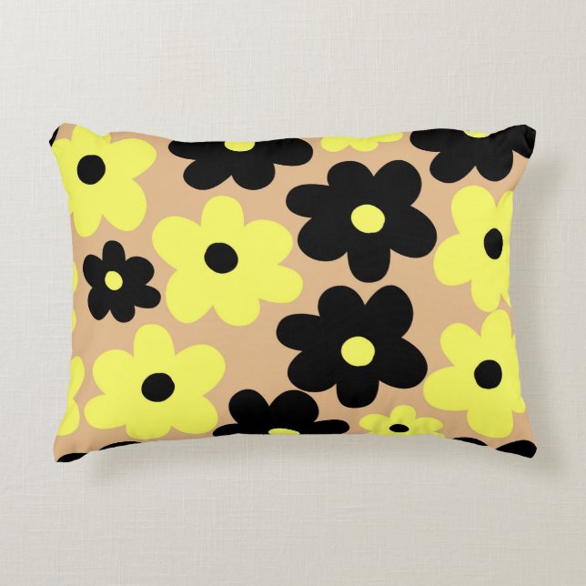 Preppy Yellow Black Hippie Blume Pattern Dekokissen (Vorderseite)