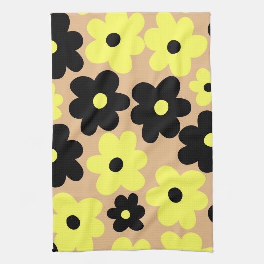 Preppy Yellow Black Hippie Blume Pattern Geschirrtuch (Vertikal)