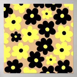 Preppy Yellow Black Hippie Blume Pattern Poster