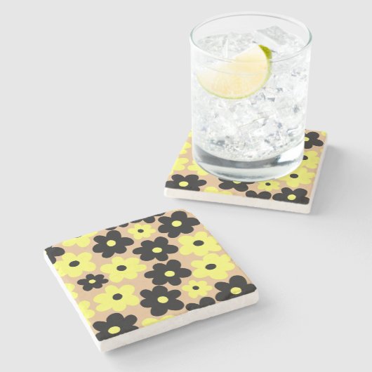 Preppy Yellow Black Hippie Blume Pattern Steinuntersetzer (Seitenansicht)
