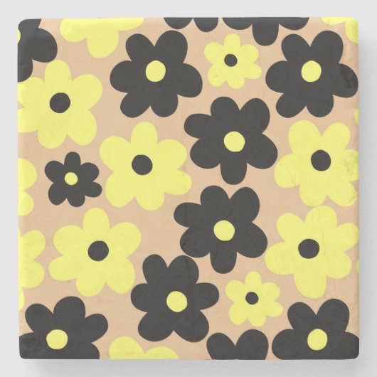 Preppy Yellow Black Hippie Blume Pattern Steinuntersetzer (Vorderseite)