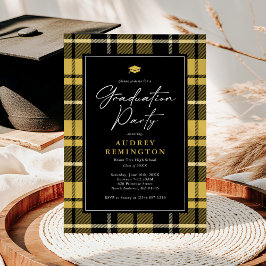 Preppy Yellow Black Tartan Graduation Einladung