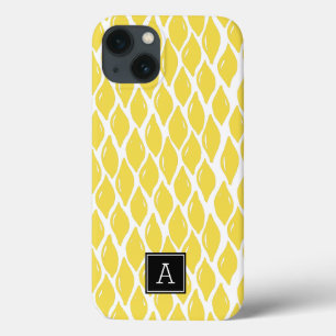 Preppy Yellow Lemon Black Monogram Personalisiert iPhone 13 Hülle