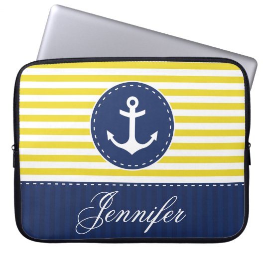 Preppy Yellow Navy Nautic Anchor Individuelle Name Laptopschutzhülle (Vorderseite)
