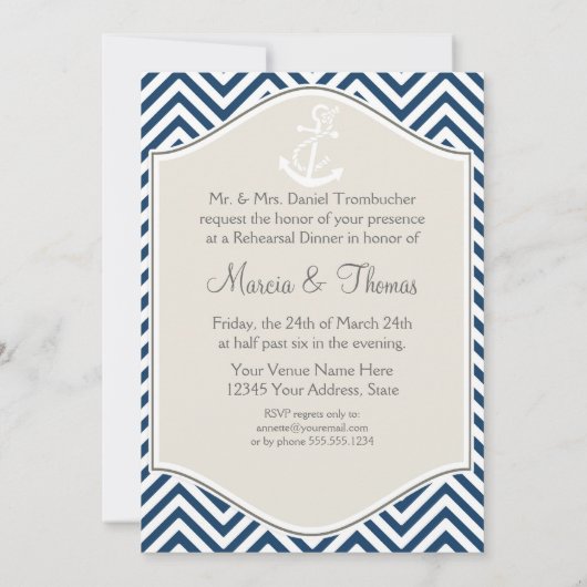 Preppy Zickzack Strip Moderner Nautical Anker Einladung (Rückseite)