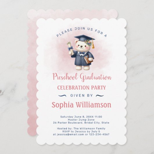Preschool Girl Abschluss Teddy Bear Einladung (Vorne/Hinten)