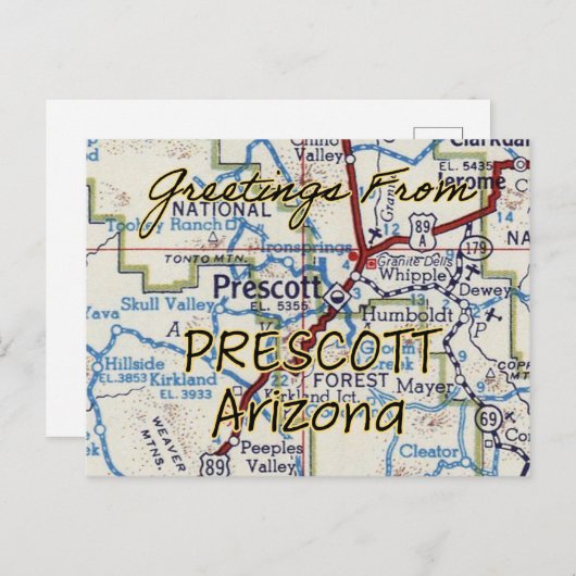 Prescott AZ Vintag Map Postkarte (Vorne/Hinten)