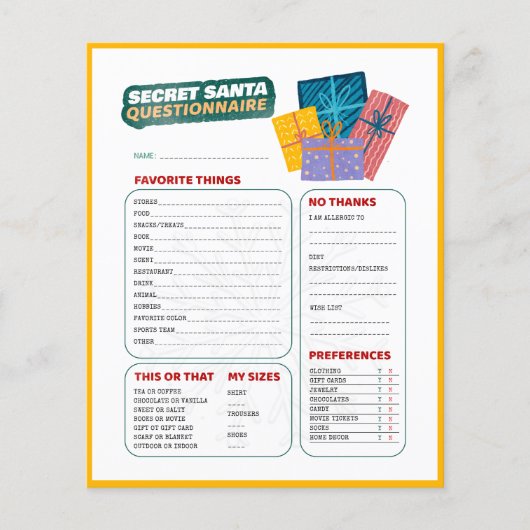 Present Christmas Game Secret Santa Questionnaire (Vorderseite)