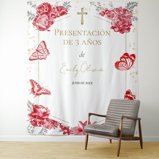 Presentación 3 años Hintergrund Butterflys Rot Wandteppich (Beispiel)