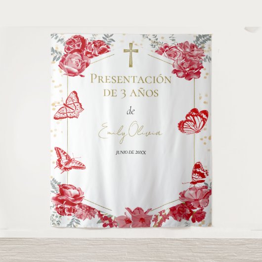 Presentación 3 años Hintergrund Butterflys Rot Wandteppich (Vorderseite)