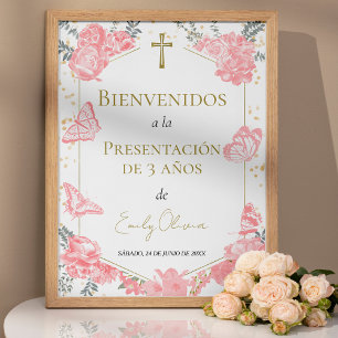 Presentación 3 años Welcome Sign Butterflys Pink Poster
