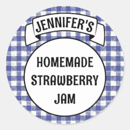 Preserve Jam Jelly Jar Blue Kariert Gingham Label Runder Aufkleber