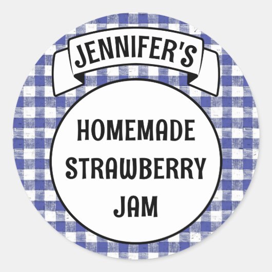 Preserve Jam Jelly Jar Blue Kariert Gingham Label Runder Aufkleber (Vorderseite)