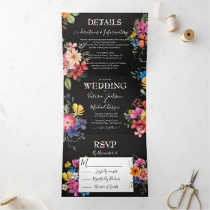 Pressed Blume Dark Moody Wedding Dreifach Gefaltete Einladung