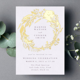 Pressed Gold Boho Micro Wildblume Wreath Wedding Folieneinladung