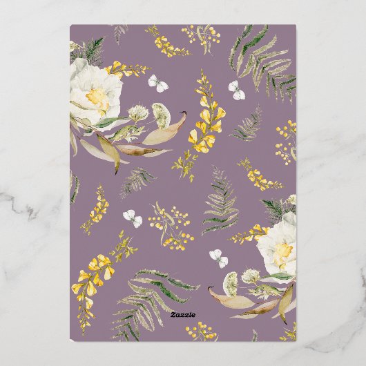 Pressed Gold Boho Micro Wildblume Wreath Wedding Folieneinladung (Rückseite)