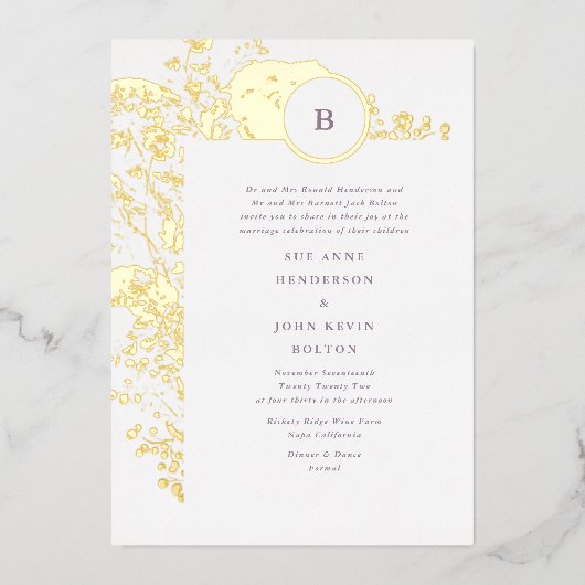 Pressed Gold Leaf Spring Boho Pampas Wedding Folieneinladung (Vorderseite)